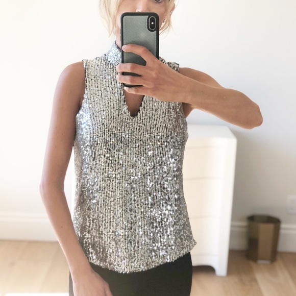 LAST 1! Silver Sequin Sleeveless Keyhole Top - Picture 2 of 6